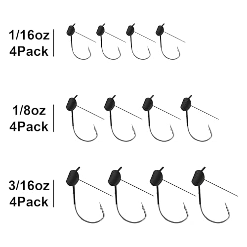 12Pcs Weedless Wacky Rig Hooks for Bass Fishing – Weighted Mushroom Jig Heads with Wide Gap Hook for Senko Worms & Soft Baits 1/16 1/8 3/16oz - size: Mixed size-12Pack