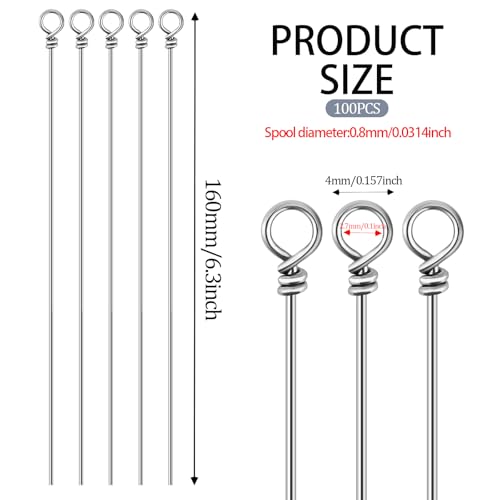 100 Pack Fishing Looped Spinner Shaft, Stainless Steel Spinner Bait Wire Fishing Lure Making Supplies - Lure Making Kit Rigs for Freshwater Bass, Trout, Walleye, Salmon, Catfish - size: 0.8*160mm
