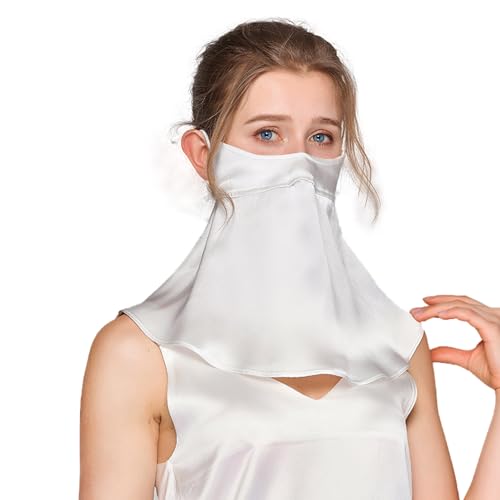 UPF 50+ Pure Silk Face Cover UV Protection Sunscreen Sun Protection Face Mask Reusable Sport Face Scarf Mask for Women - color: White