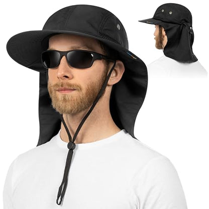 SUN CUBE UPF50+ Sun Hat for Men Women with Neck Flap, Wide Brim UV Protection Fishing Safari Hat for Hiking Beach Gardening - color: Black