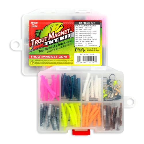 Trout Magnet TNT Kit – 82-Piece Set with 70 Soft Plastic Bodies & 12 Jig Heads – Top 7 Hot Colors – Includes 1/64oz Shad-Dart Heads in Gold, Black, Silver & Chartreuse – Ultimate Trout Fishing Lure