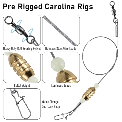 Dr.Fish 15 Pack Carolina Ready Rigs 10'' for Bass Fishing, Freshwater Fishing Wire Leader Line Pre-Rigged Bullet Sinker Swivels - color: Brass Weights, size: 3/16oz-15 Pack