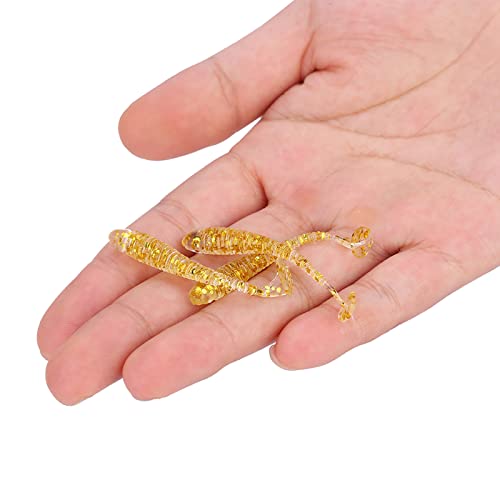 50PCS Fishing Lures Bass Worm Bait, 5cm Soft Plastic Fishing Lures T Tail Grub Worm Baits Fish Tackle Accessory - color: Gold