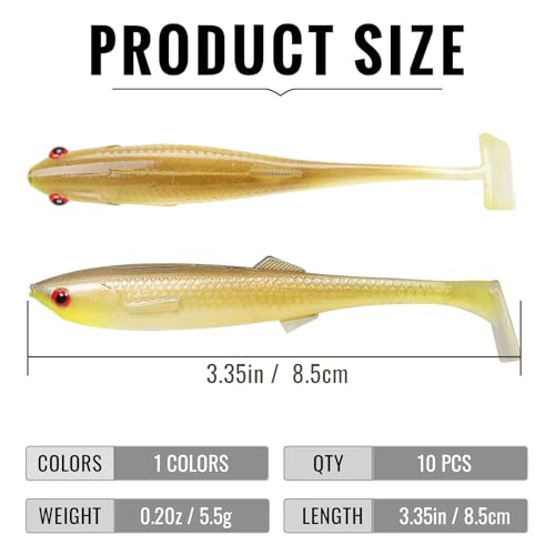 TRUSCEND Shadtale Easy Catch Soft Fishing Lures with BKK Hooks - Trembly Sinking and Vibrating Swim for More Bites, Pre-Rigged Swimbaits for Bass, Trout, Crappie, Walleye, Freshwater Saltwater Fishing - color: F1-3.35",0.2oz,10pcs