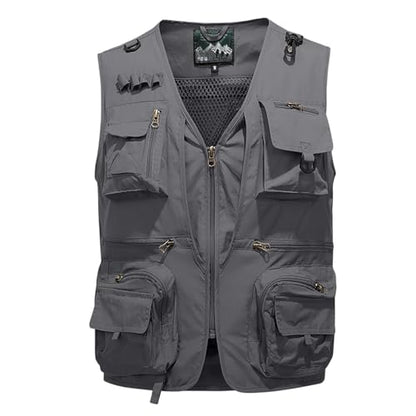 Men's Fishing Vest Casual Utility Lightweight Cargo Vest with Multi Pockets Outdoor Safari Photo Travel Jacket Vest - color: Y003- Gray, size: Small
