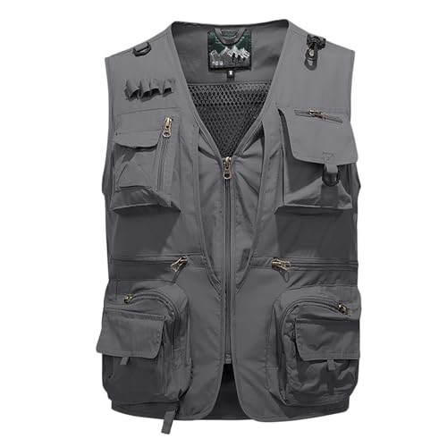 Men's Fishing Vest Casual Utility Lightweight Cargo Vest with Multi Pockets Outdoor Safari Photo Travel Jacket Vest - color: Y003- Gray, size: XX-Large