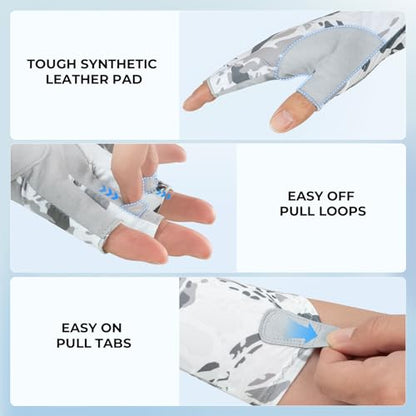 KastKing Agies Fishing Gloves Men, UPF 50+ Sun Gloves UV Protection, Cooling Quick-Dry 3/4 Fingerless Gloves with Extended Cuff, Microfiber Palm & Pull Tabs, for Fishing, Kayaking, Hiking, Hunting - color: X Camo-White, size: Large-X-Large