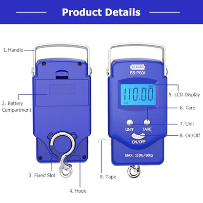 Dr.meter Fish Scale Luggage Scale Fishing Gear - 110lb Backlit LCD Display Digital Scale with Built-in Measuring Tape - Fishing Scale with 2 AAA Batteries, Pocket Size - Fishing Gifts for Men - color: Blue