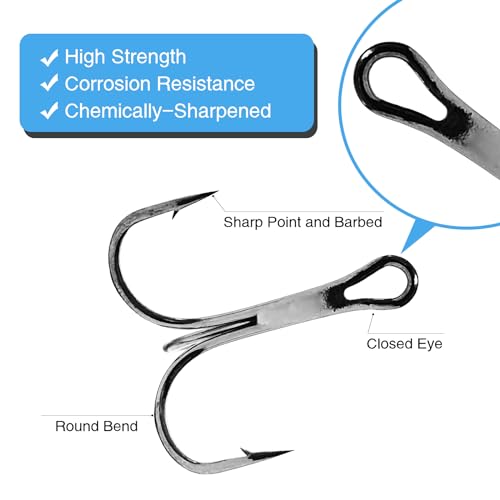 Eupheng Treble Hooks for Saltwater Freshwater High Carbon Steel Hooks Strong Sharp Round Bend Triple Hook for Catfish Trout Hard Baits Lures Fishing Size 1/0 to 12 - size: 1/0_25pcs
