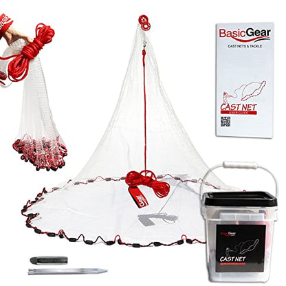 BasicGear Cast Net | 3ft-12ft Radius, 3/8 or 1/4 inch Mesh for Freshwater and Saltwater Bait Fish| Professional Grade and Upgraded Material | Throw Style - size: 5ft Radius, style: Protected Weights, 1/4" Mesh