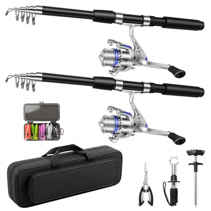 2.1M Telescopic Fishing Rod and Reel Combo Kit for Beginner Anglers, 2PCS Collapsible Fishing Poles + 2PCS Spinning Reels with Fishing Accessories Portable Fishing Gear Set for Saltwater Freshwater