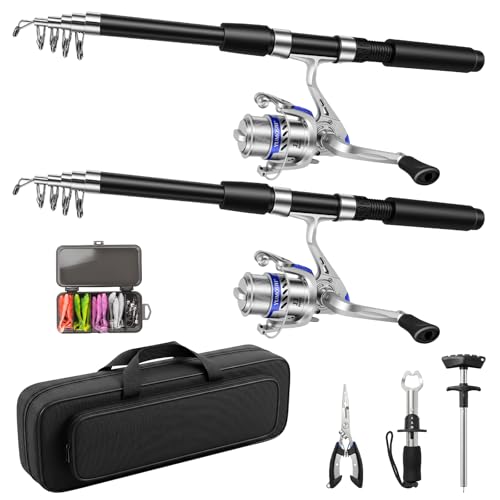 2.1M Telescopic Fishing Rod and Reel Combo Kit for Beginner Anglers, 2PCS Collapsible Fishing Poles + 2PCS Spinning Reels with Fishing Accessories Portable Fishing Gear Set for Saltwater Freshwater