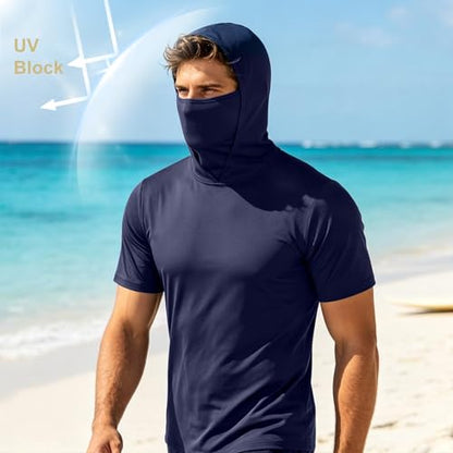 HovSiyla 5 Pack Mens Fishing Hoodie UPF Sun Protection Quick Dry Short Sleeve Shirts Hiking Casual Performance Face Mask Top - size: XX-Large