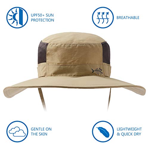 BASSDASH UPF 50+ Sun Fishing Hat Water Resistant with Detachable Neck Flap - color: Khaki - Big Head Size