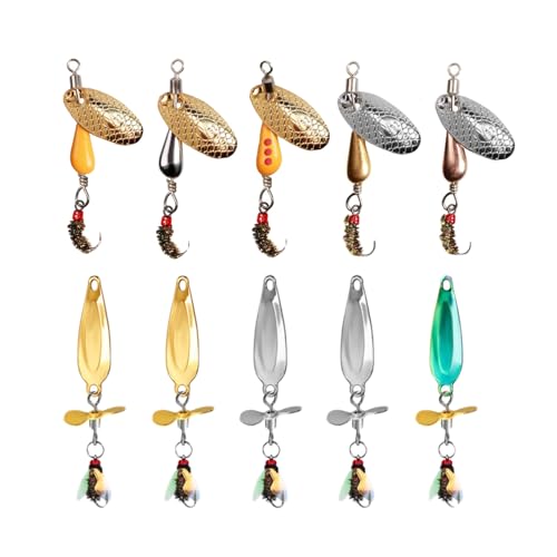 SHIAWASENA Fishing Spinners, 10pcs Trout Fishing Lures Kit, Inline Spinner Baits with Single Hooks &Treble Hooks & Fly Hooks, High-Reflective Flash Spoons for Trout, Salmon, Panfish, Bass, Pike - style: C#