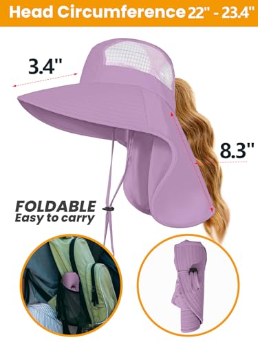 Sun Hats for Women UV Protection with Neck Flap Wide Brim Beach Hats with Ponytail Hole for Hiking Fishing Gardening Travel - color: Dark Purple
