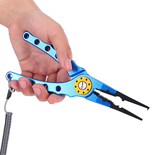 Fishing Pliers Saltwater, Split Pliers Hook Remover, with Safety Lock, Split Pliers Tools, with Sheath and Lanyard, Aluminum Alloy Multi Function Fish Tools - color: Blue