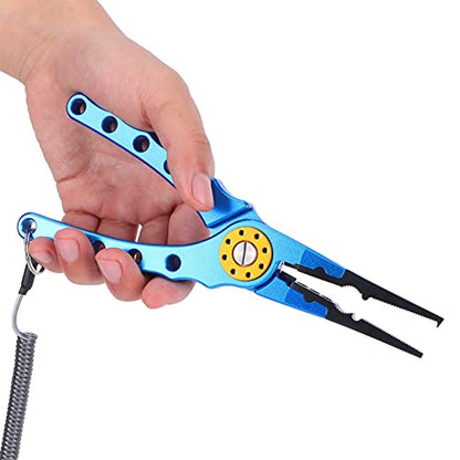 Fishing Pliers Saltwater, Split Pliers Hook Remover, with Safety Lock, Split Pliers Tools, with Sheath and Lanyard, Aluminum Alloy Multi Function Fish Tools - color: Blue
