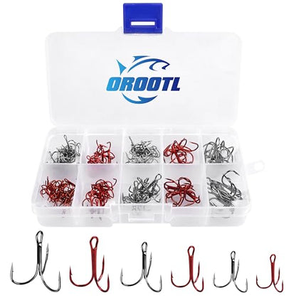 Fishing Treble Hooks Kit, 100pcs Triple Hooks Assortment Red Black Treble Fishing Hooks Sharp Round Bend High Carbon Steel Strong Replacement Fishing Hooks for Saltwater Freshwater