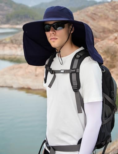 HUAMULAN Women Large Brim Sun Hat with Neck Flap, Men Quick Dry Hiking Fishing Safari Hat UPF 50+ - color: Navy With Mesh Panel