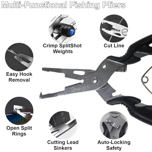 Fishing Pliers Scissors Set (8.4"& 5") with Safety Lock | Multi-function Long Nose Hook Remover, Line Cutter, Crimper; With Anti-Loss Ropes, Rustproof Stainless Steel for Saltwater &