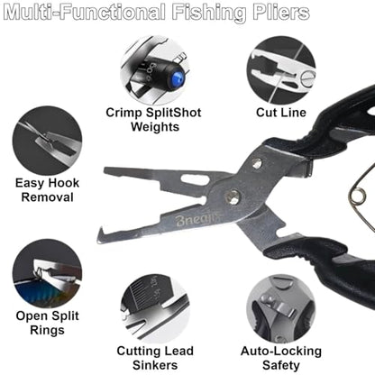Fishing Pliers Scissors Set (8.4"& 5") with Safety Lock | Multi-function Long Nose Hook Remover, Line Cutter, Crimper; With Anti-Loss Ropes, Rustproof Stainless Steel for Saltwater &