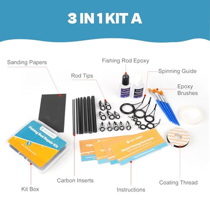 OJYDOIIIY 3-in-1 Fishing Rod Repair Kit - Carbon Sticks/Rod Tips/Eyelets Replacement Parts, Complete Supplies and Instructions - color: 3 IN 1 A
