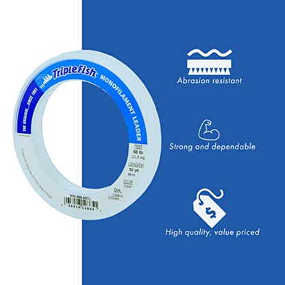 Triple Fish Monofilament Fishing Leader - Clear, Camo Strong Tough Leader Material for Big Game Fishing, Up to 400lb Test - color: Clear, style: 50 Lb Test, 0.70 Mm Dia, 50 Yd