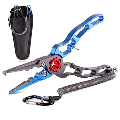 Fishing Pliers Aluminum Braid Cutters Split Ring Pliers Hook Remover Fish Holder with Sheath and Lanyard - color: blue-2