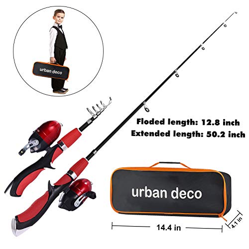 Urban Deco Kids Fishing Pole Set Portable Telescopic Kids Fishing Rod and Reel Combo Kit with Tackle Box for Beginners, Boys,Girls,Youth,Children - color: red