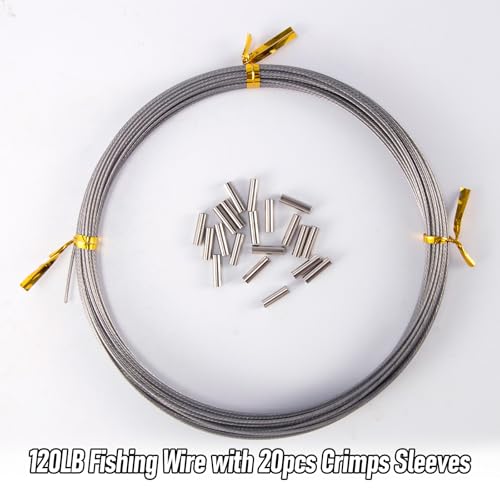 Alwonder 32.8ft Fishing Wire Fishing Leader Line with 20pcs Crimps Sleeves, Nylon Coated 1x7 Stainless Steel Leader Wire Freshwater Saltwater for Pike, Billfish, Bluefish, Muskie, Wahoo - size: 120LB