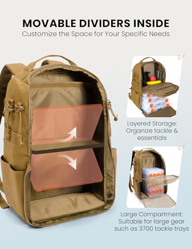 SKYSPER Tackle Backpack Fishing Bags with Rod Holder, 40L Water-Resistant Tackle Box Storage Bag for Fishing Gear Lures(Khaki) - color: Khaki