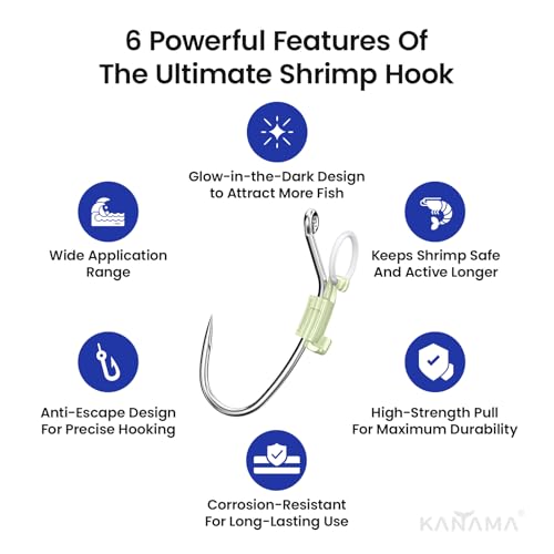 KANAMA Luminous Live Shrimp Hooks - High Carbon Steel Fishing Hooks Saltwater Corrosion Resistant Barbed Strong Hooks Freshwater Shrimp Walker, Ideal for Bass, Groupers, Pike, Catfish & More - size: (S+M+L) ×1