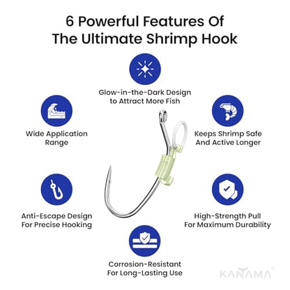 KANAMA Luminous Live Shrimp Hooks - High Carbon Steel Fishing Hooks Saltwater Corrosion Resistant Barbed Strong Hooks Freshwater Shrimp Walker, Ideal for Bass, Groupers, Pike, Catfish & More - size: (S+M+L) ×1