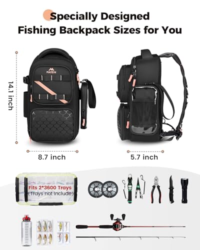 MATEIN Fishing Sling Bag with Phone Pouch, 3600 Tackle Box Backpack | Tackle Bag with Removable Bait Binder, Fishing Bag with Lure Rod Holder, Cooler Compartment, Waterproof, Women Fishing Gifts - color: Black-pink