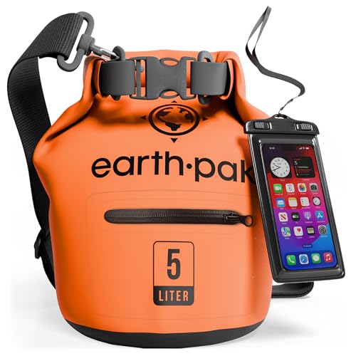 Earth Pak Waterproof Dry Bag with Zippered Pocket - Waterproof Dry Bag Backpack Keeps Gear Dry - color: Orange, size: 5L