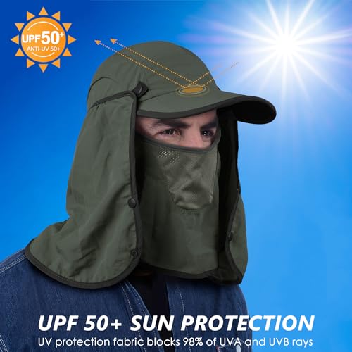 GADIEMKENSD UPF 50+ Folding Fishing Hat 360 Outdoor Sun Hat - color: Army Green