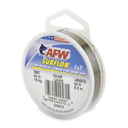 American Fishing Wire Surflon Nylon Coated 1x7 Stainless Steel Wire Leader - Wire Fishing Leader Line for Saltwater 10lb Up To 250lb Test in Bright, Black, Camo in 30ft, 100ft, 300ft, & 1000ft Lengths - color: Camo, style: 30 Feet, 40 Pound Test