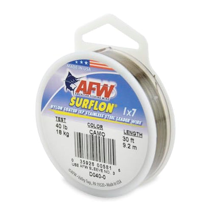 American Fishing Wire Surflon Nylon Coated 1x7 Stainless Steel Wire Leader - Wire Fishing Leader Line for Saltwater 10lb Up To 250lb Test in Bright, Black, Camo in 30ft, 100ft, 300ft, & 1000ft Lengths - color: Camo, style: 30 Feet, 40 Pound Test