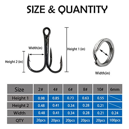 200 Pack Fishing Treble Hooks Kit High Carbon Steel Hooks Strong Sharp Round Bend with Split Rings for Lures Baits Saltwater Freshwater Fishing Size 2# 4# 6# 8# 10# - color: Mixed 200pcs