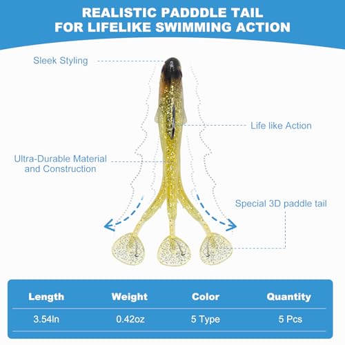 5 Pcs Pre-Rigged Soft Fishing Lures, 3.5In Paddle Tail Jig Heads Swim Bait, Realistic Movement Easy Catch Fishing jigs Lure, Fishing Baits for Freshwater Saltwater Bass Trout Baits