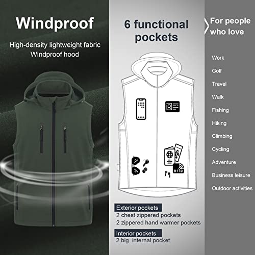 CREATMO US Men's Casual Lightweight Warm Thin Outerwear Vest Windbreaker Sleeveless Jacket With Removable Hood - color: Army Green, size: X-Large