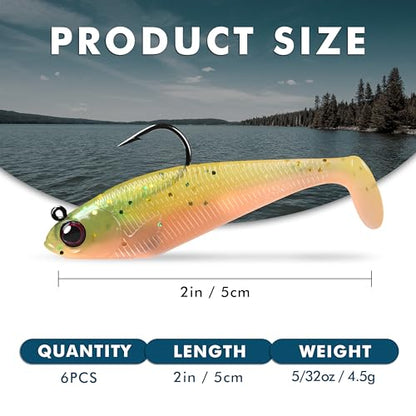 Pre-Rigged Soft Fishing Lures, Easy Catch Swimbaits for Bass Trout | Paddle & Curly Tail, Swim Baits for More Bites, Freshwater & Saltwater Fishing Bait, Crappie Walleye Pike Lures, Value Pack - color: A-2"-0.16oz