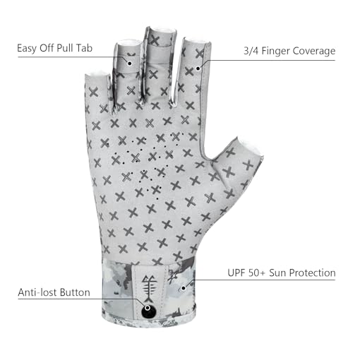 BASSDASH 3/4 Finger UPF 50+ Sun Gloves Breathable Anti-Slip Silicone Palm for Men Women Fishing Fingerless Cycling Running - color: Grey Abstract Camo, size: X-Large
