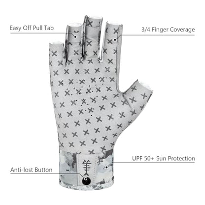 BASSDASH 3/4 Finger UPF 50+ Sun Gloves Breathable Anti-Slip Silicone Palm for Men Women Fishing Fingerless Cycling Running - color: Grey Abstract Camo, size: X-Large