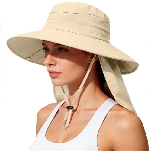 Sun Hats for Men Women, UPF50+ Protection Safari Hat,Wide Brim Fishing Hat with Neck Flap,Bucket Hats for Beach Hiking - color: Beige