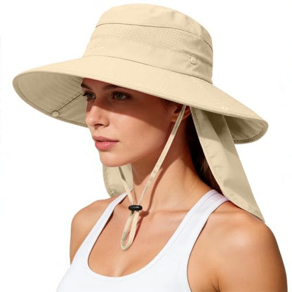 Sun Hats for Men Women, UPF50+ Protection Safari Hat,Wide Brim Fishing Hat with Neck Flap,Bucket Hats for Beach Hiking - color: Beige