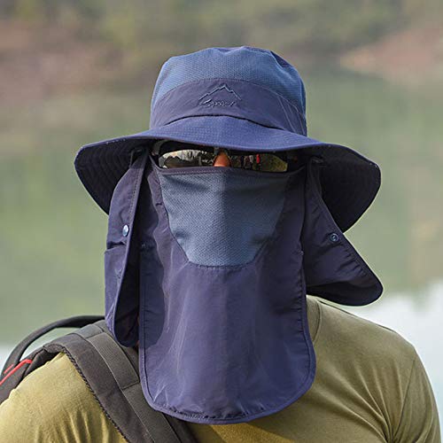 Fishing Hat for Men & Women, Outdoor UV Sun Protection Wide Brim Hat with Face Cover & Neck Flap - color: Dark Blue