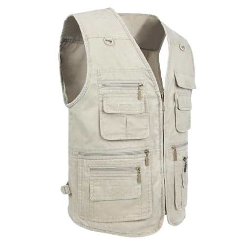 Men's Stone Washed Denim Multi-pocketed Fishing Work Outerwear Vest - color: Beige, size: 4X-Large