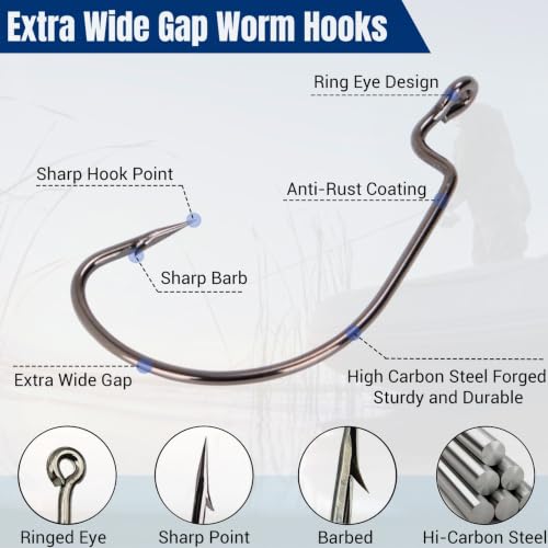 120Pcs Bass Hooks Set, Strong Offset Bass Fishing Hooks Freshwater Barbed Sharp Worm Hooks for Texas Rigging Fishing Extra Wide Gap 6 Sizes Assorted #1 1/0 2/0 3/0 4/0 5/0